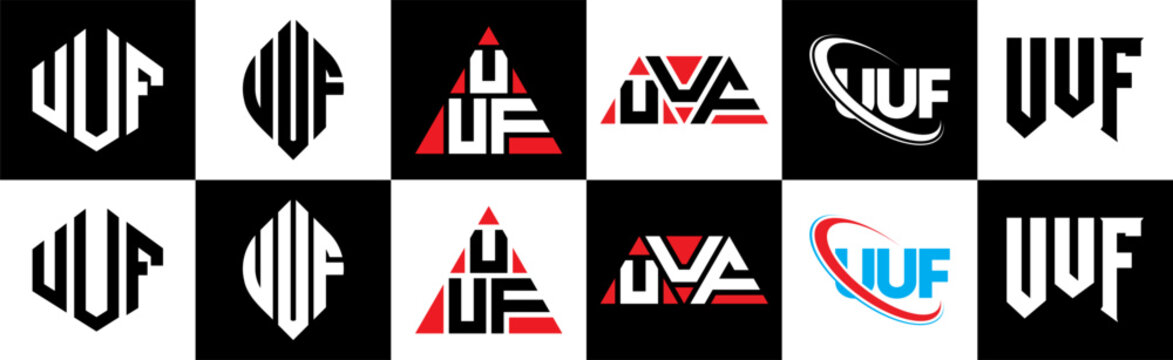 UUF letter logo design in six style. UUF polygon, circle, triangle, hexagon, flat and simple style with black and white color variation letter logo set in one artboard. UUF minimalist and classic logo