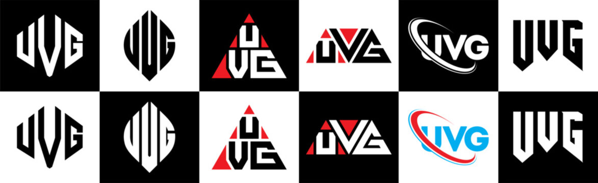 UVG letter logo design in six style. UVG polygon, circle, triangle, hexagon, flat and simple style with black and white color variation letter logo set in one artboard. UVG minimalist and classic logo