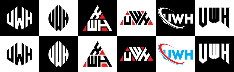 UWH letter logo design in six style. UWH polygon, circle, triangle, hexagon, flat and simple style with black and white color variation letter logo set in one artboard. UWH minimalist and classic logo