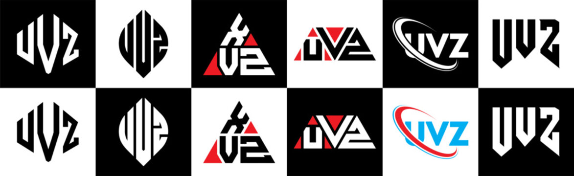 UVZ letter logo design in six style. UVZ polygon, circle, triangle, hexagon, flat and simple style with black and white color variation letter logo set in one artboard. UVZ minimalist and classic logo