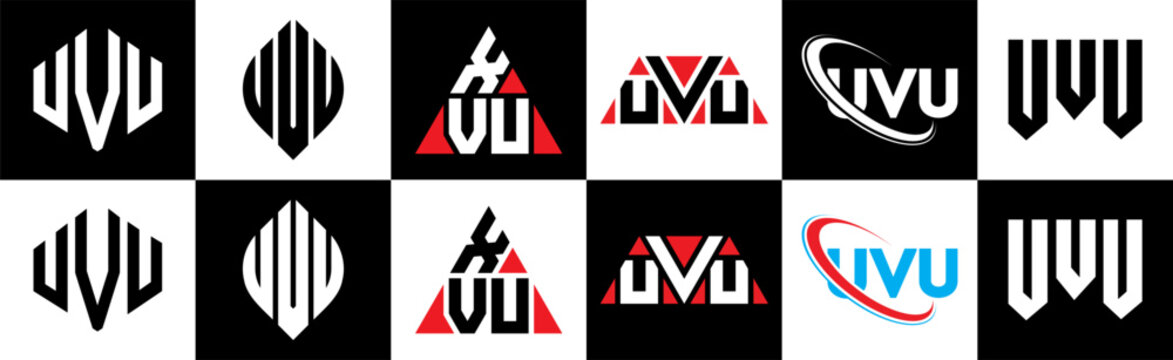UVU letter logo design in six style. UVU polygon, circle, triangle, hexagon, flat and simple style with black and white color variation letter logo set in one artboard. UVU minimalist and classic logo