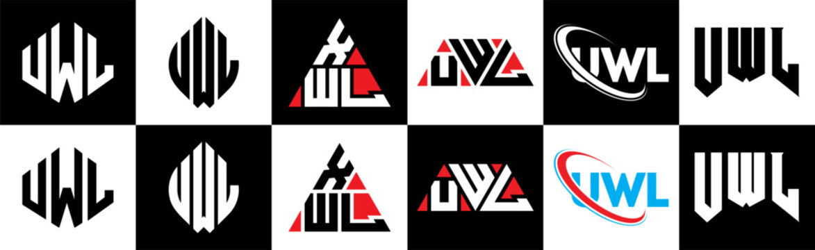 UWL letter logo design in six style. UWL polygon, circle, triangle, hexagon, flat and simple style with black and white color variation letter logo set in one artboard. UWL minimalist and classic logo