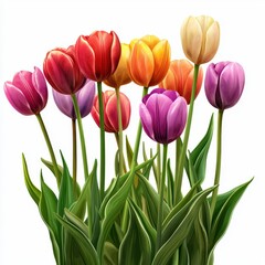 Realistic 3D Icon Cartoon of a Tulip Field in Various Bright Colors isolated on clear white background