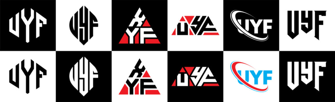 UYF letter logo design in six style. UYF polygon, circle, triangle, hexagon, flat and simple style with black and white color variation letter logo set in one artboard. UYF minimalist and classic logo