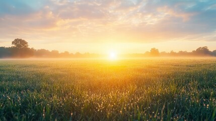 Sunrise over the meadow: A vibrant dawn paints the sky as the sun's golden rays illuminate a field of grass, evoking a sense of tranquility and the start of a new day.
