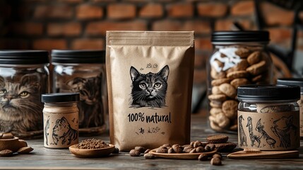  Natural pet food packaging with rustic design, eco-friendly kraft paper bags, organic treats, stylish branding, artisanal concept, warm cozy background