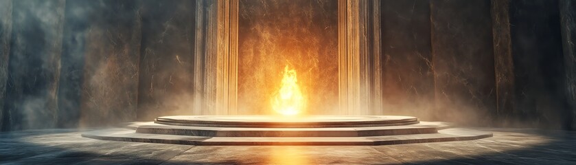 A mystical flame illuminates an ancient stone altar in a dark, shadowy environment.