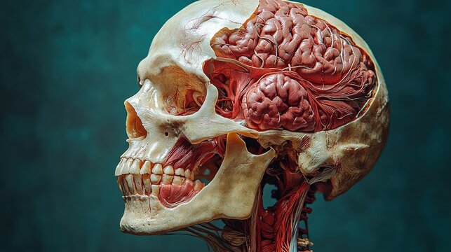 Floating skull with exploded-view cut, each segment slightly separated to showcase internal cavities, nerves, and layered bone structure in stunning anatomical visualization.