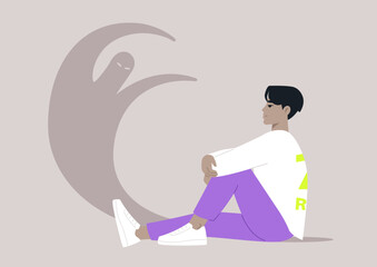 Shadow work illustrated as a character sitting in reflective posture, embracing their uncomfortable emotions against a soft, neutral backdrop, evoking a sense of calm contemplation and self-discovery