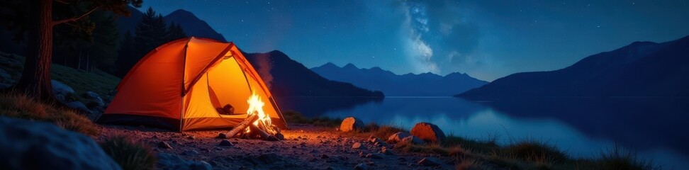 Campfire glowing warmly beside a tent, starry night , travel, night