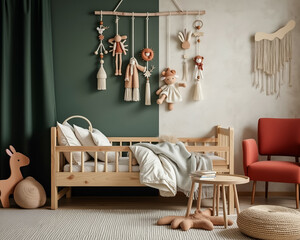 charming nursery with a wooden crib soft bedding and handmade toys hanging from a macrame wall hanging.