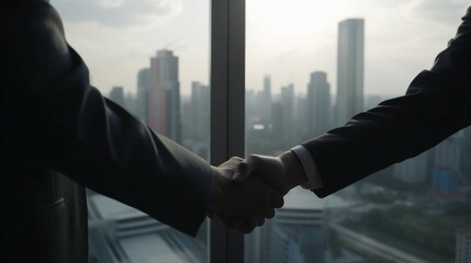 Cinematic shot of a firm handshake in a contempor
