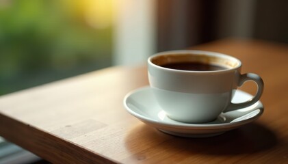 Close-up of half-full coffee cup on simple table, coffee bean, food photography, close-up