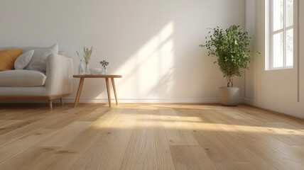 Modern living room with wooden floor, sofa, and potted plant, illuminated by sunlight