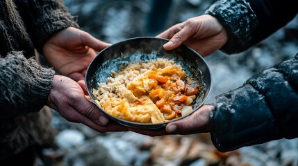 Sharing Warm Rice Vegetable Stew Outdoors Winter Food Sharing Meal Cold Weather Camping Hiking Adventure Delicious Food Travel Photography pan dish   
