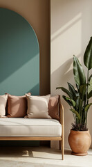 Naklejka premium neutral-toned daybed with bird of paradise plant in pot