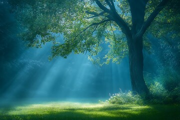 Obraz premium Sunbeams illuminate a solitary tree in a misty forest clearing.
