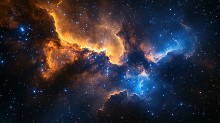 Fototapeta premium Colorful nebula in deep space, glowing cosmic clouds, stars shining, breathtaking celestial formation, vast universe, blue and orange hues, astronomy