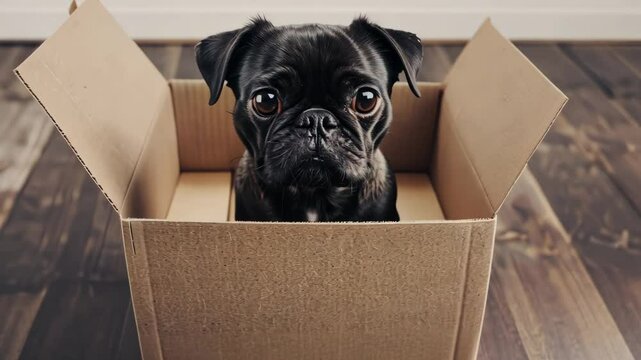 Pup's Curious Cargo: A charming pug peeks inquisitively from within a cardboard box, revealing a blend of innocent curiosity and playful anticipation.