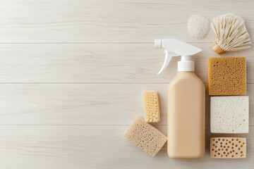 Cleaning supplies arranged on wooden surface, including spray bottle and various sponges. Ideal for home cleaning and organization
