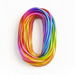 Of the number 0 made of rainbow-colored spaghetti strands with a glossy texture and soft curves, isolated on a clean white background