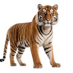 Obraz premium Majestic Full-Body Tiger Portrait with Striking Stripes, Piercing Yellow Eyes, Powerful Stance, Detailed Fur, High Contrast, Studio Lighting, White Background, Realistic 4K Wildlife PNG
