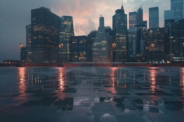 Empty square front of city skyline.