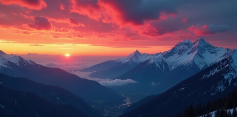 Fototapeta premium Crimson sunset over Carpathian peaks, dramatic clouds , horizon, cloud formation, dramatic