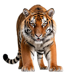 Naklejka premium Majestic Full-Body Tiger Portrait with Striking Stripes, Piercing Yellow Eyes, Powerful Stance, Detailed Fur, High Contrast, Studio Lighting, White Background, Realistic 4K Wildlife PNG