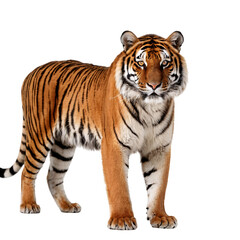 Naklejka premium Majestic Full-Body Tiger Portrait with Striking Stripes, Piercing Yellow Eyes, Powerful Stance, Detailed Fur, High Contrast, Studio Lighting, White Background, Realistic 4K Wildlife PNG