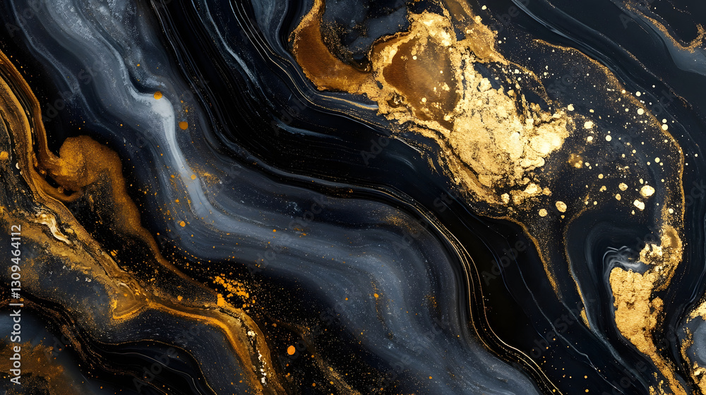 Poster Mesmerizing abstract marble texture with shimmering gold splatter and fluid swirls creating a captivating and luxurious background for various design applications such as digital wallpapers