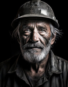 Viejo minero con la mirada profunda, agotado por a&ntilde;os de arduo trabajo bajo tierra
