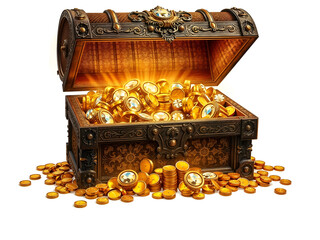 Glowing treasure chest filled with gold coins, representing wealth, fantasy, and pirate adventures. Generative AI