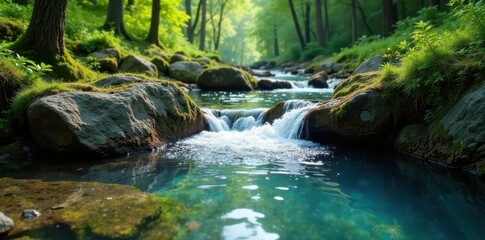 Crystal clear water flows from mountain spring, lush greenery , landscape, freshness, clean