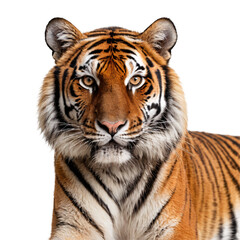 Fototapeta premium Majestic Tiger Portrait with Piercing Eyes, Striking Stripes, Detailed Features, White Fur, Intense Gaze, Regal Pose, High-Contrast Studio Lighting, Close-Up Wildlife Photography, Tiger Face