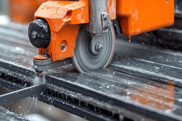 Water-cooled diamond saw cutting through ceramic tiles, with water spraying onto the blade, demonstrating precision in construction work
