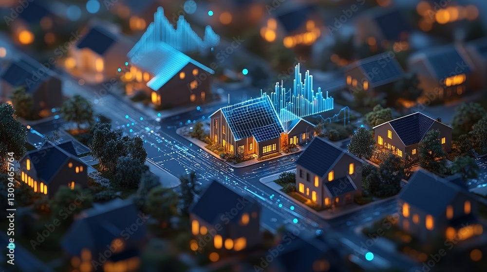 Poster 3d isometric rendering of an abstract graph with blue lines rising and falling above houses in a sub