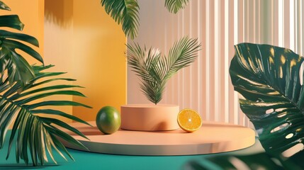 Tropical Paradise: A vibrant still life composition featuring a variety of tropical elements with podium