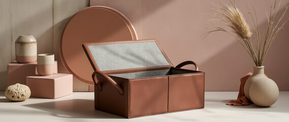 open brown leather storage box with gray felt interior