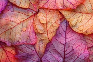 Rain-drenched autumn leaves close-up, droplets acting as tiny magnifying lenses showing leaf veins