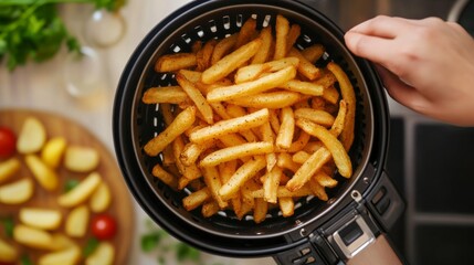 A hand expertly grips a black basket full of crispy golden fries, situated in a stylish kitchen adorned with fresh vegetables and herbs, capturing the joy of cooking