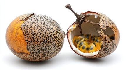 Granadilla: Exotic Tropical Fruit, Broken Open Revealing Juicy Pulp and Seeds. Studio Shot, White Background.