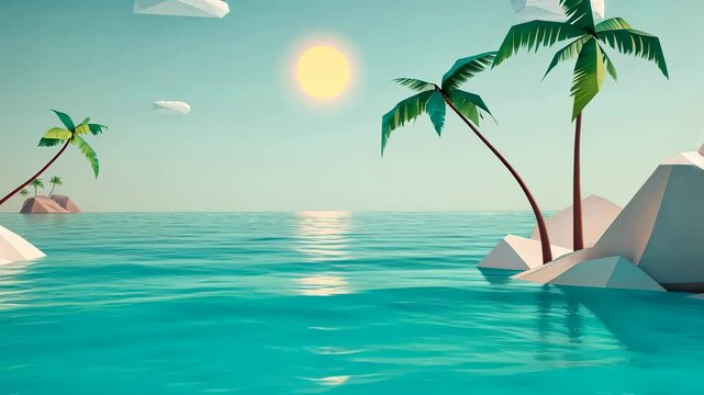 A minimalistic low poly beach scene with a sun, palm trees, and a tranquil ocean. A video game world.