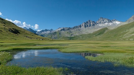 Fototapeta premium Serene Austrian Landscape with Vibrant Green Meadow and Majestic Mountains Under Clear Blue Sky, Ideal Sunny Summer Day Scenery