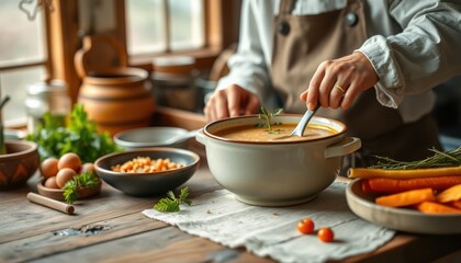 Cooking a hearty vegetable soup rustic kitchen culinary art cozy environment close-up view tasteful experience