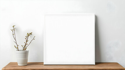 White Blank Canvas Leaning On Wooden Surface With Small Potted Plant Against White Wall
