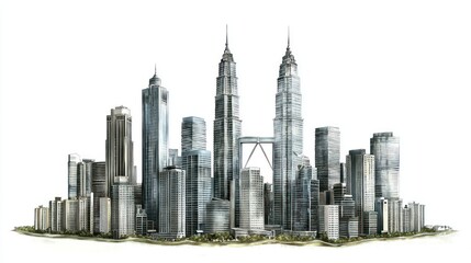 Obraz premium Kuala Lumpur skyline watercolor painting, urban landscape illustration