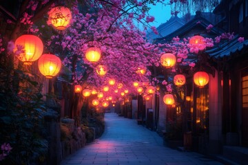Pink cherry blossoms and glowing paper lanterns create a magical atmosphere in a traditional japanese alley at dusk