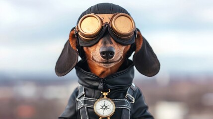 Pet uniform costume. A stylish dachshund in goggles and a leather jacket, posing with a compass against a scenic background, exuding adventure and charm.