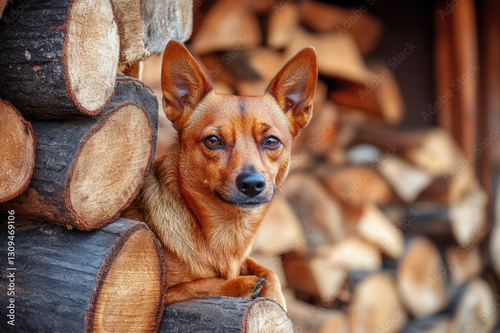 Aufkleber brown dog rests beside neatly stacked logs in a cozy outdoor setting during daylight hours generativ